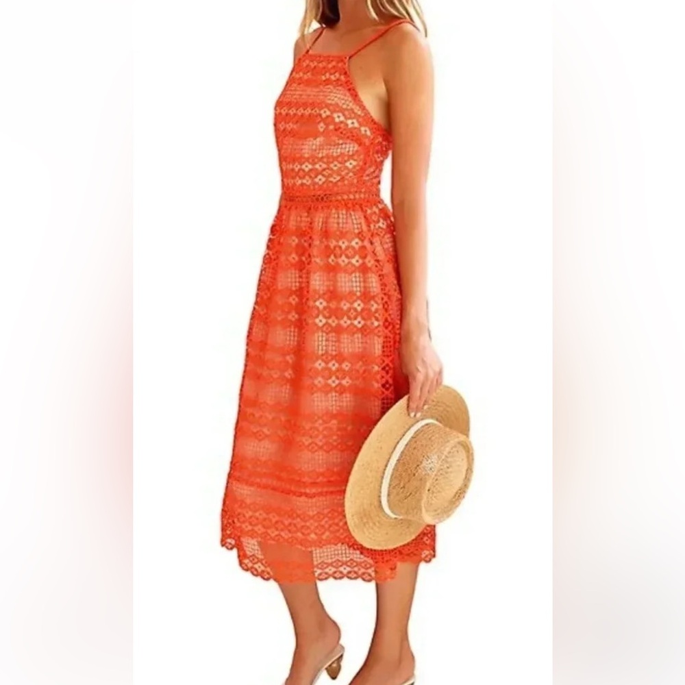 Adelyn Rae Vibrant Orange Lace Midi Dress‎ women size small